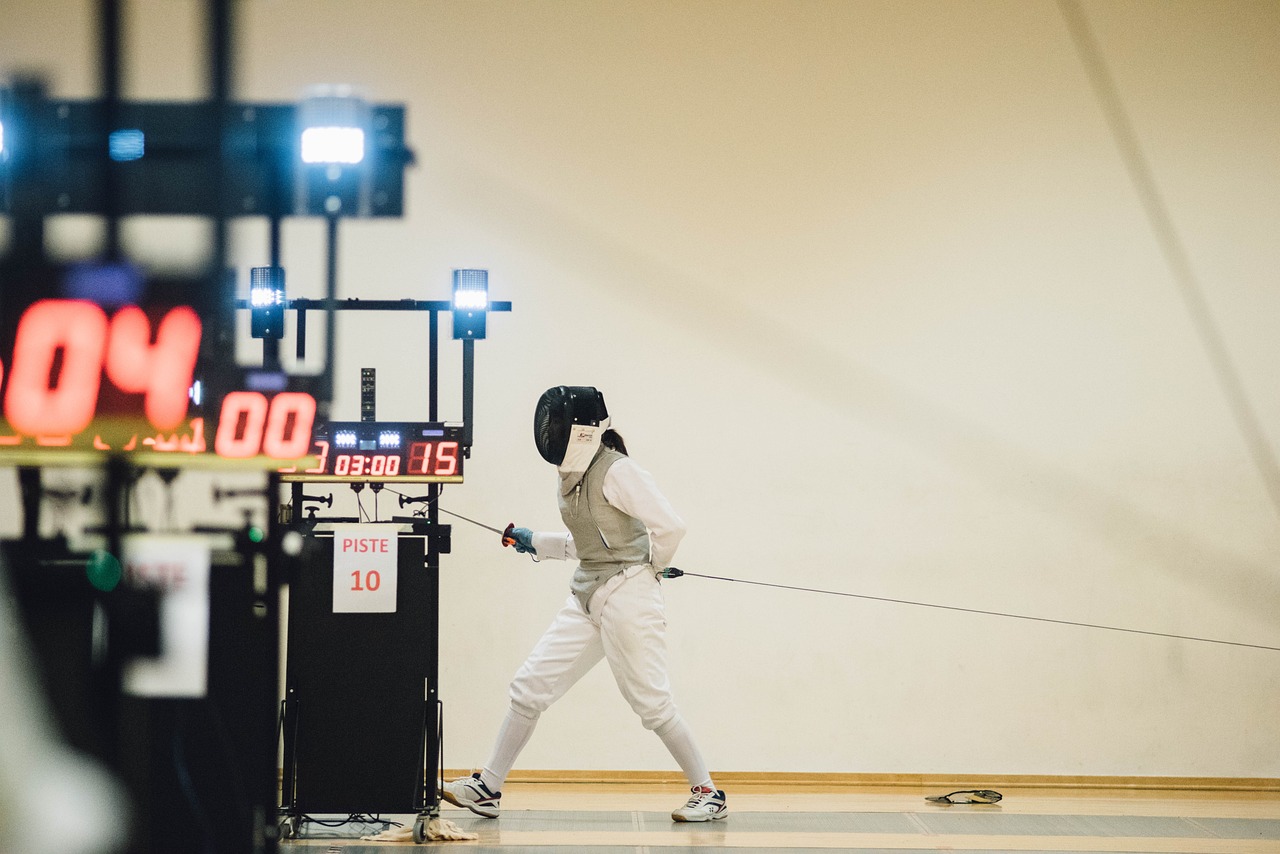 people, man, teen, sport, fencing, olympic, sword, gear, mask, uniform, white, practice, duel, fight, game
